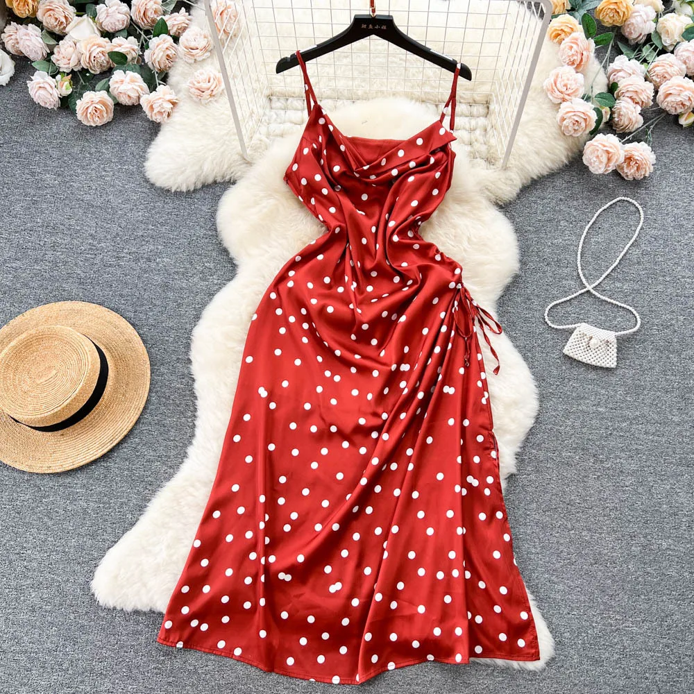 

Mid Length Dress Women Sling Dresses A Line Vestidos Lace Up Print Dot Streetwear Drawstring Sleeveless Elegant Y2k Party Club