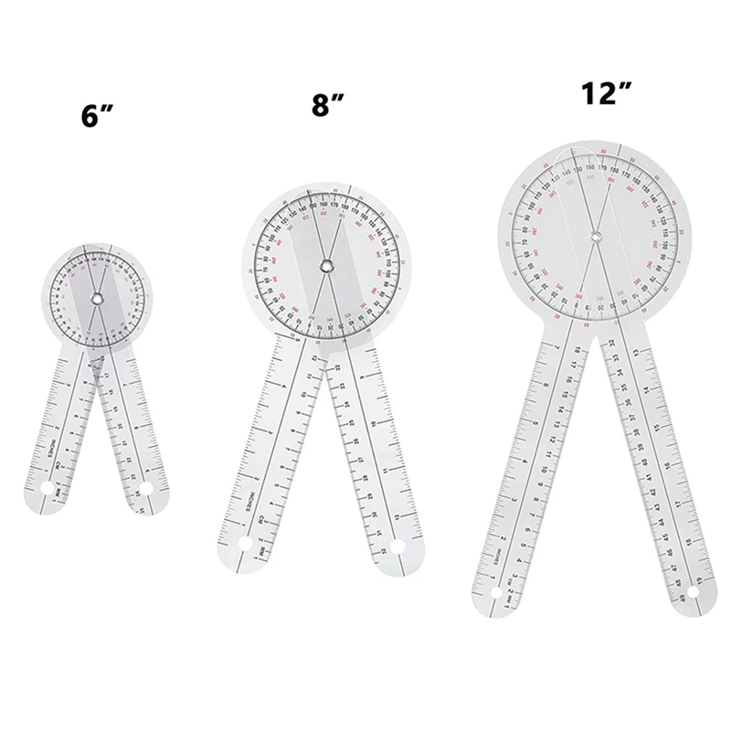 GTBL 6 Stuk Goniometer 6/8/12 Inch Ergotherapie Gradenboog Tool Meten Hoek Heerser 360 Graden Universele