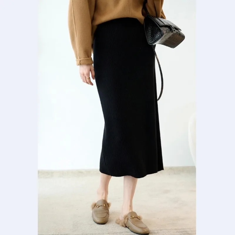 Autumn and Winter New Wool Alpaca Elastic High Waist Ribbed Knitted Straight Slim Fit Skirt for Women