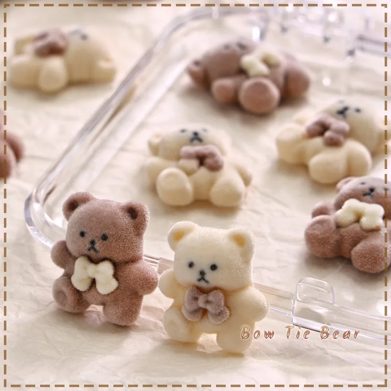 6PCS Vivid Plush Lovely Velvet Bear Cream White Brown Cute Biscuit Animal Pet Nail Art Rhinestones Decorations Manicure Charms