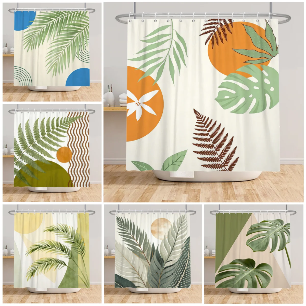 

Bohemian Tropical Leaves Shower Curtain Minimalist Geometric Pattern Waterproof Bath Curtain Bathroom Decor Polyester With Hooks