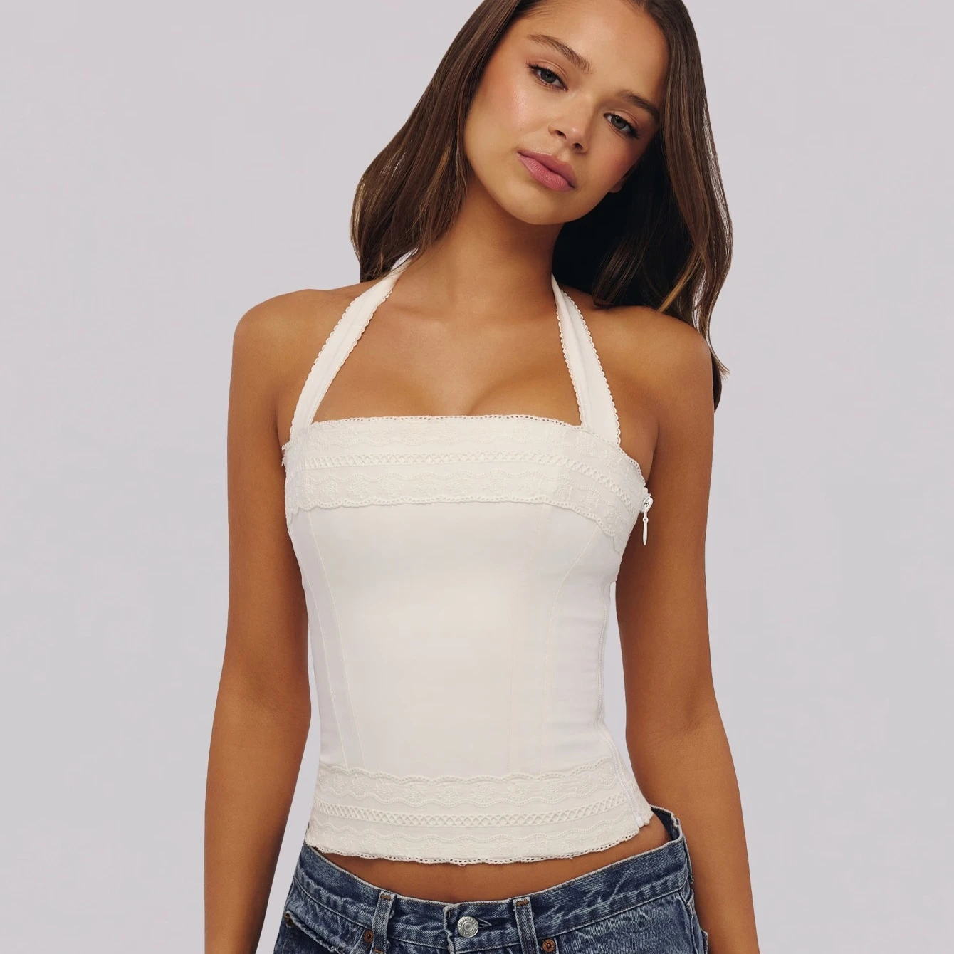 Mingmingxi White Cotton Lace Halter Crop Top Cute Big Bow Lace Up Top Casual Date Beach Party Clubwear
