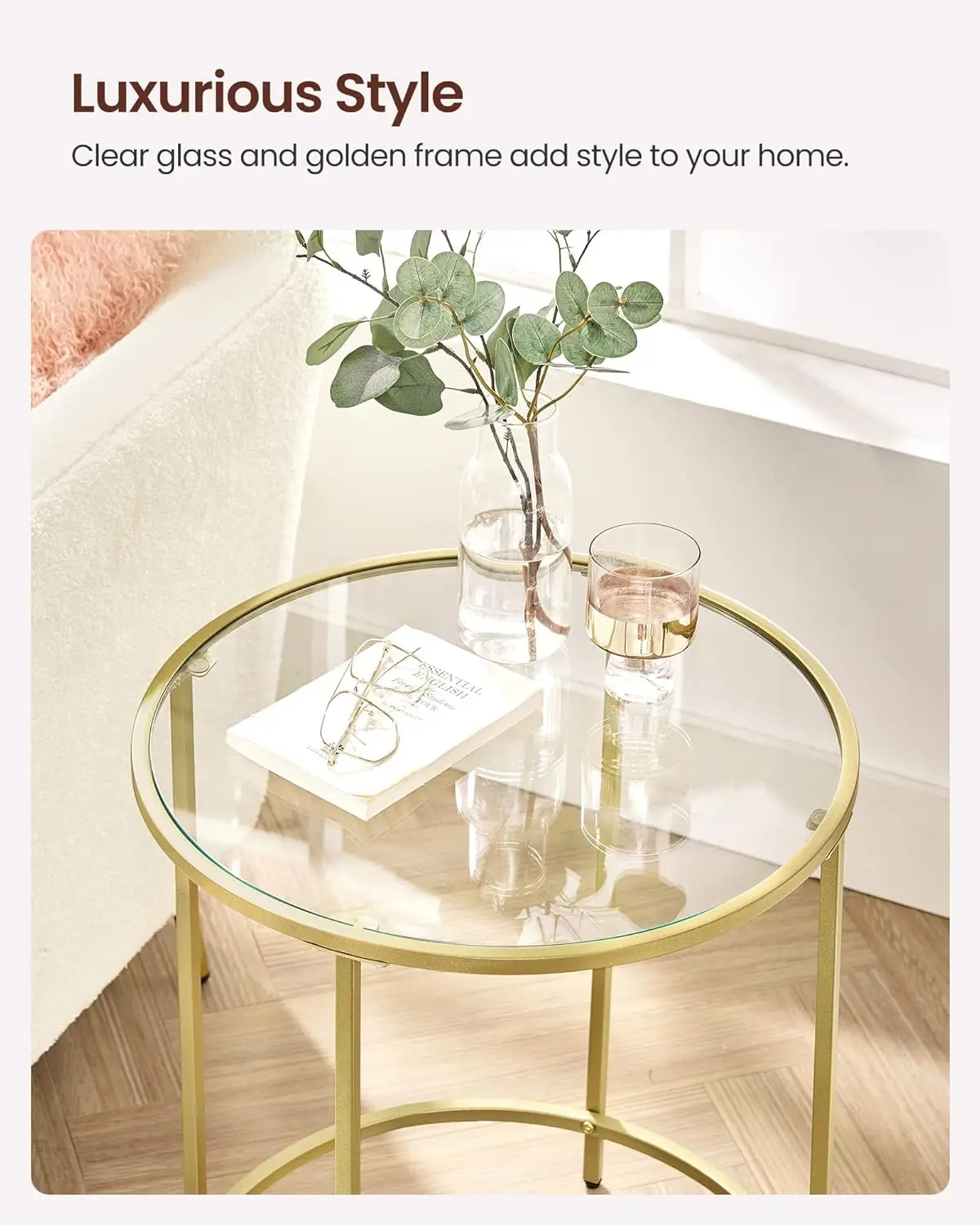 Round Side Tables, Set of 2, Glass End  Metal Frame, Gold Coffee with Modern Style, for Living Room, Balcony, Bedroom,