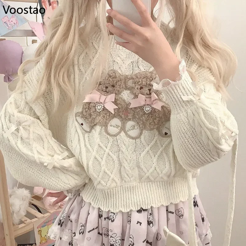 Vintage Sweet Lolita Style Knitted Pullover Girls Cute Plush Cartoon Bear Embroidery Bow Sweater Women Harajuku Knitwear Tops