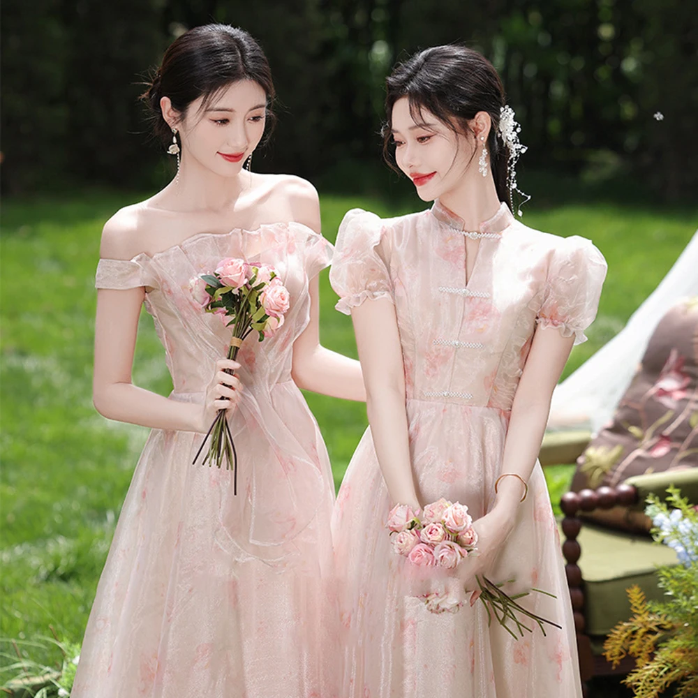 

4-стильное светло-розовое платье подружки невесты, женское элегантное платье с короткими рукавами-пузырьками и открытыми плечами, пышное вечернее платье трапециевидной формы с цветочным принтом