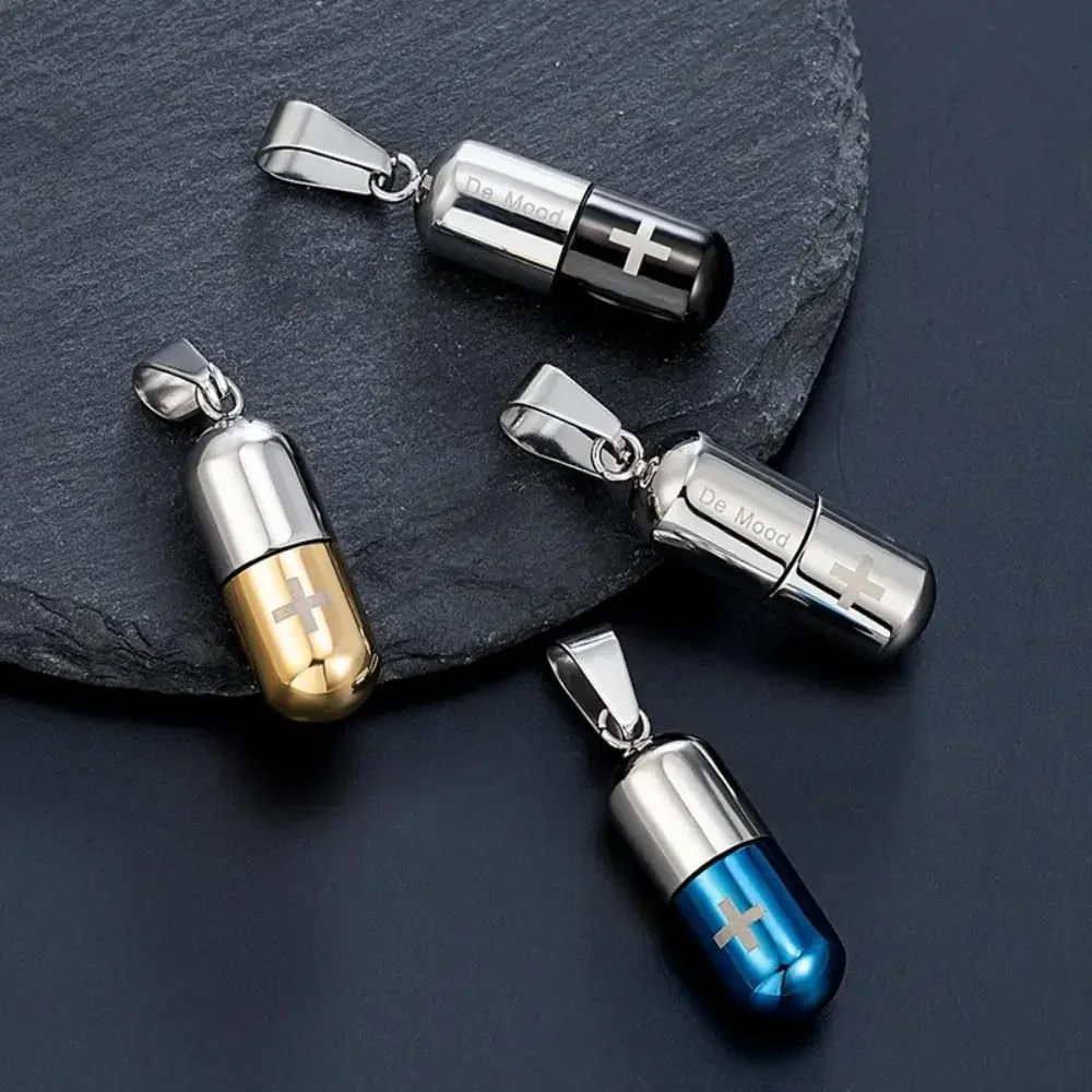 Capsule Pill Pendant Necklace Drift Bottle Pendant Hollow Pill Necklace Steel Can Open Cross Engraved Perfume Holder Women Men