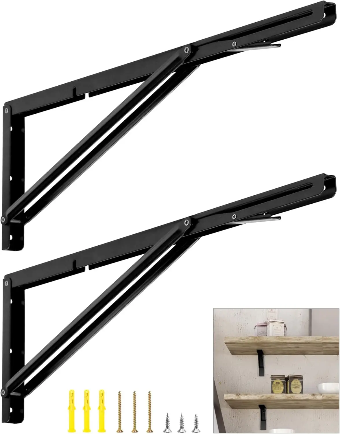 Heavy Duty Folding Shelf Brackets for Wall Mounted Tables Benches Shelves, Max Load 330lbs, 2 Pack Iron Bracket Black Finish