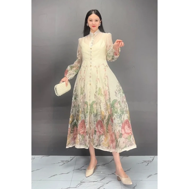 Vefadisa 2024 Autumn New White Printed Women Dress Stand Collar Long Sleeve Waist Swing Dress Temperament Elegant Dress ZXY1103A