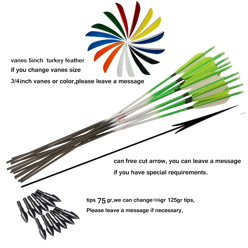 12Pcs  Archery Carbon Arrows Spine500 ID6.2MM 5inch Turkey Feather Drop Shape 75gr Tips Traditional Bow Longbow Shooting