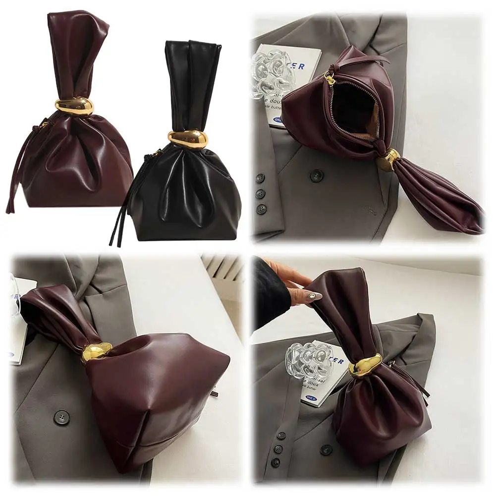 

Women PU Designer Tote Handbag Large Capacity Stylish Wristlet Handbag Zipper Closure Mini Bucket Bag Portable Slouchy Purse