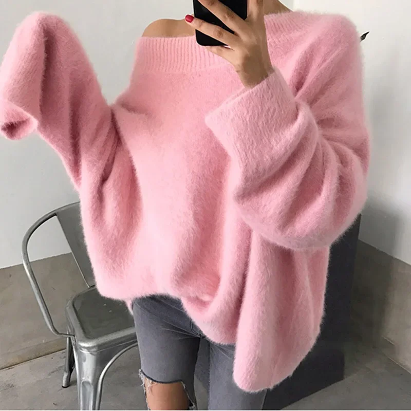 Sexy Fake Mink Cashmere Sweaters Women Autumn Winter Pink Jumper Korean Slash Neck Loose Tops Off  Shoulder Oversized Pullover