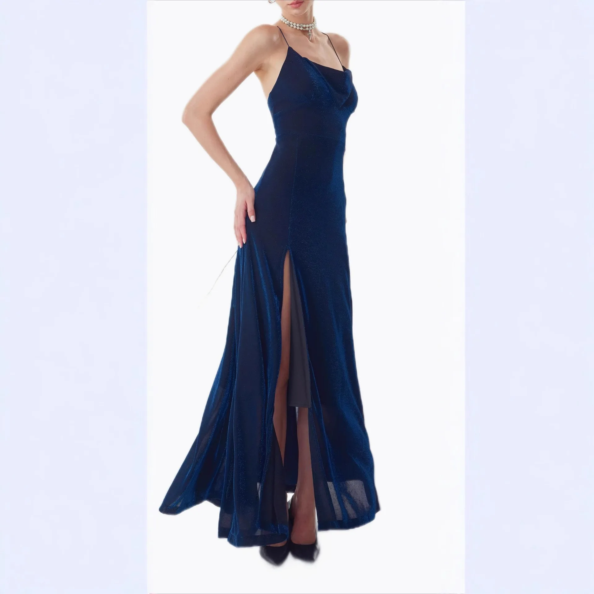 Vestido elegante azul oscuro para mujer, Espalda descubierta, Spaghetti con tirantes y cuello en V, Maxi Vestidos ajustados sin mangas, ropa de fiesta de noche para mujer