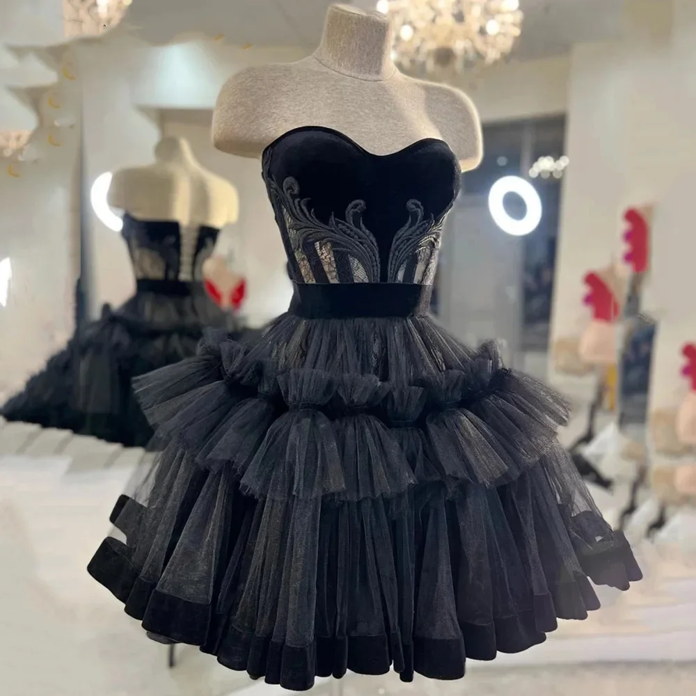 

Flavinke Black Sweetheart Appliques Mini Evening Dresses 2024 Tiered A Line Prom Gowns Short Tulle Party Vestidos De Graduación