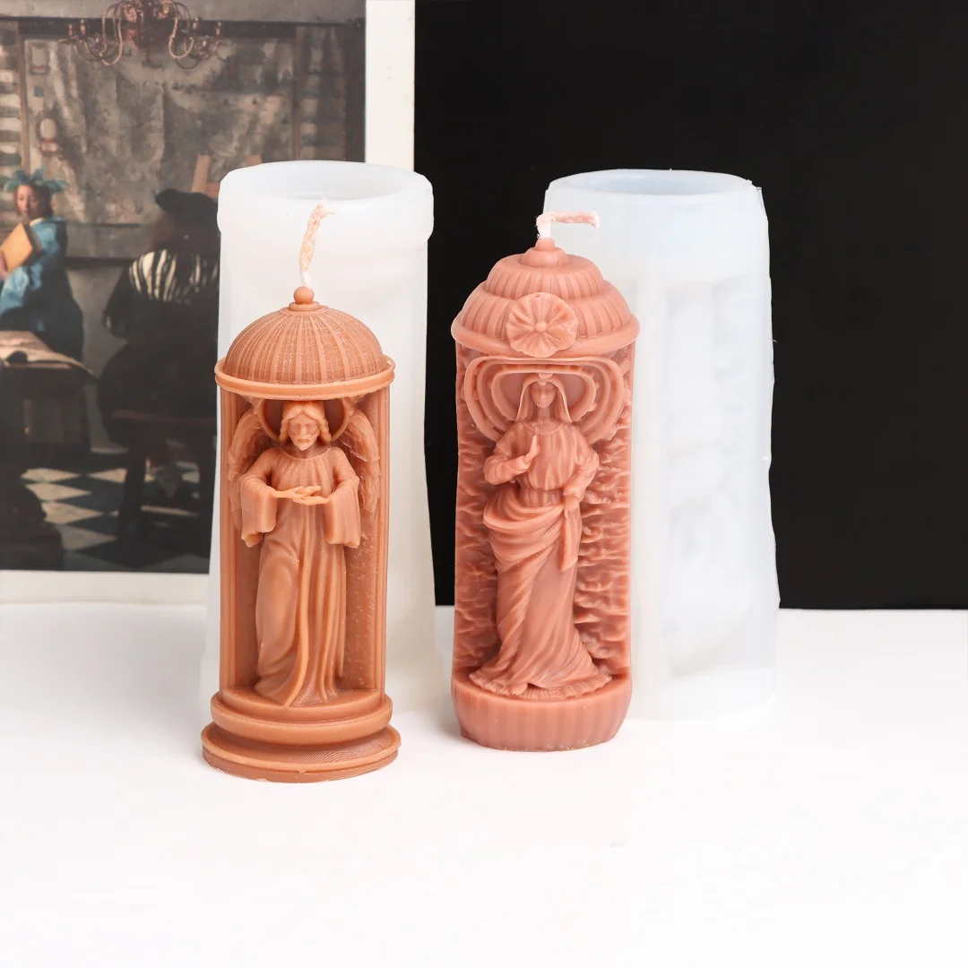 3D Religious Figure Silicone Candle Mould Vintage Column Angel Virgin Mary Statue Soy Wax Beeswax Casting Mold Renaissance Theme - view 3