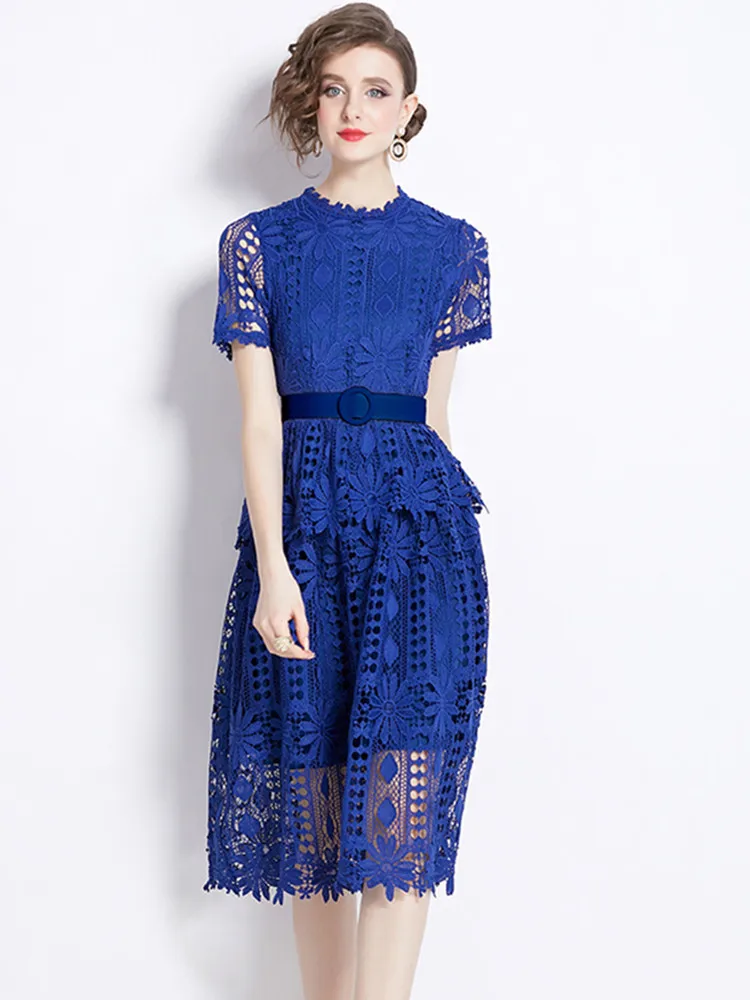 SMTHMA Summer Elegant Flower Lace Hollow Out  Runway Dresses For Women Short Sleeve Casual A Line Party Dresses Vestidos