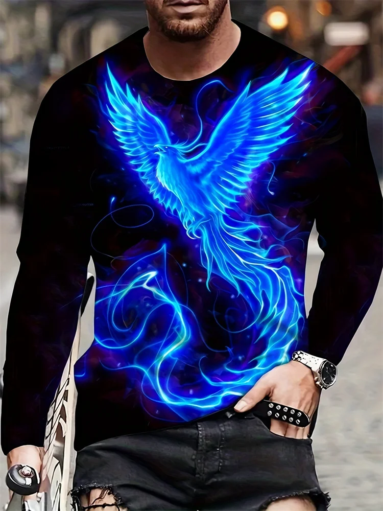 Men's Fire Phoenix Long Sleeve T-Shirt 3D Print Red Flame Graphic Tee Mythical Fantasy Bird Vintage Streetwear Pullover Tops