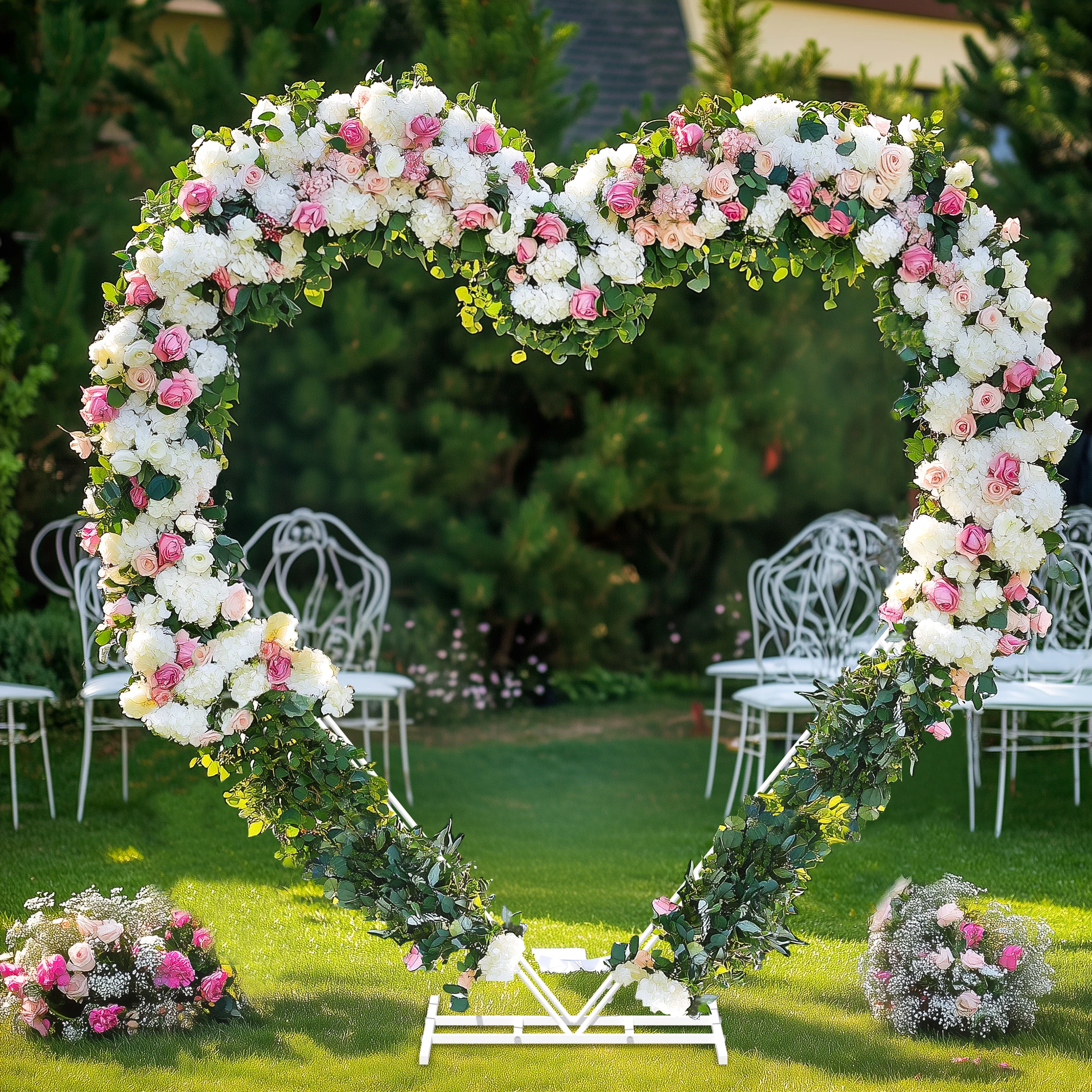 

White Heart Shape Wedding Arch Backdrop Stand Double Layer Metal Flower Balloon Arbors Arch Frame for Ceremony Proposal