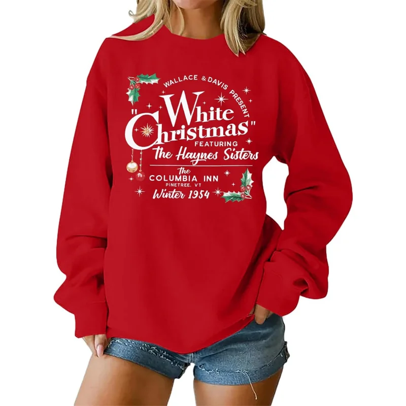 Red women's Christmas holiday gift sportswear holiday letter fun round neck printed pullover sweater