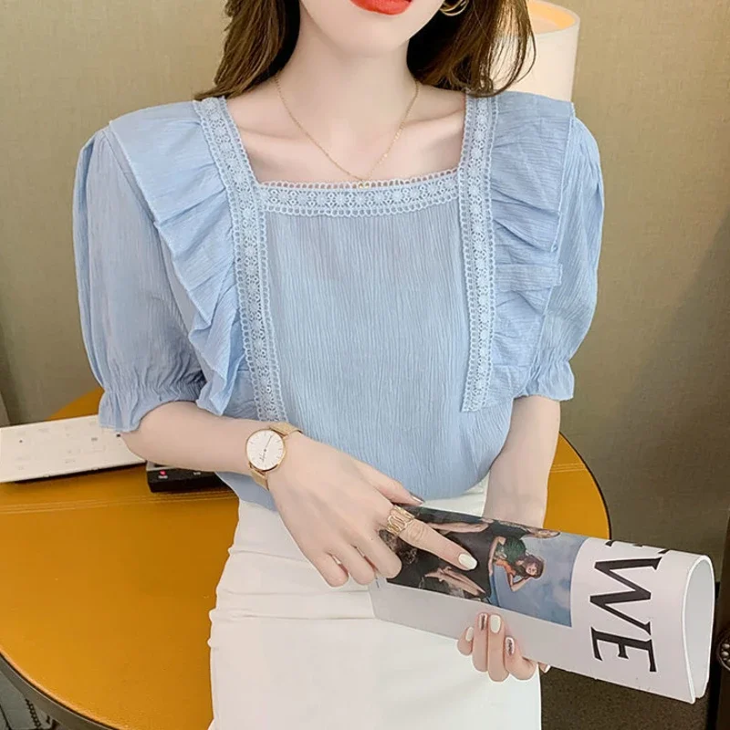 Thin Style Half Sleeve Women's Shirt And Blouse Frill Ruffle High Quality Female Tops Promotion Pretty Summer 2024 Novelties M