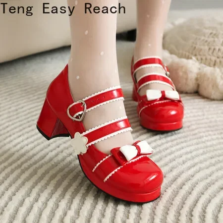 Red Mary Jane Women Pumps Thick High Heels Shoes Female Lolita Square Toe Shoes Spring Fashion Party Leather Woman Shoes New