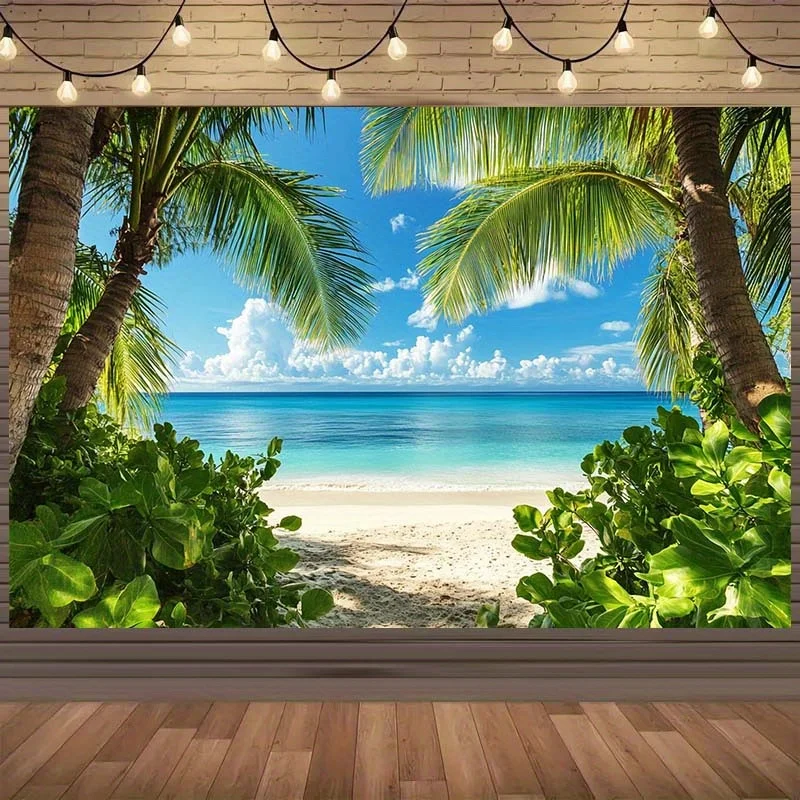 Ein Fotografie-Hintergrundstoff, der die tropische Strandlandschaft zeigt, eignet sich für ein Partybanner mit Sommermotiv