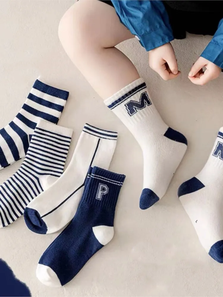 5Pairs/Set Letter Socks Boy Girl Sport Socks Four Seasons for Baby Classic Striped Toddler Middle Tube Sock Soft Cotton Kids