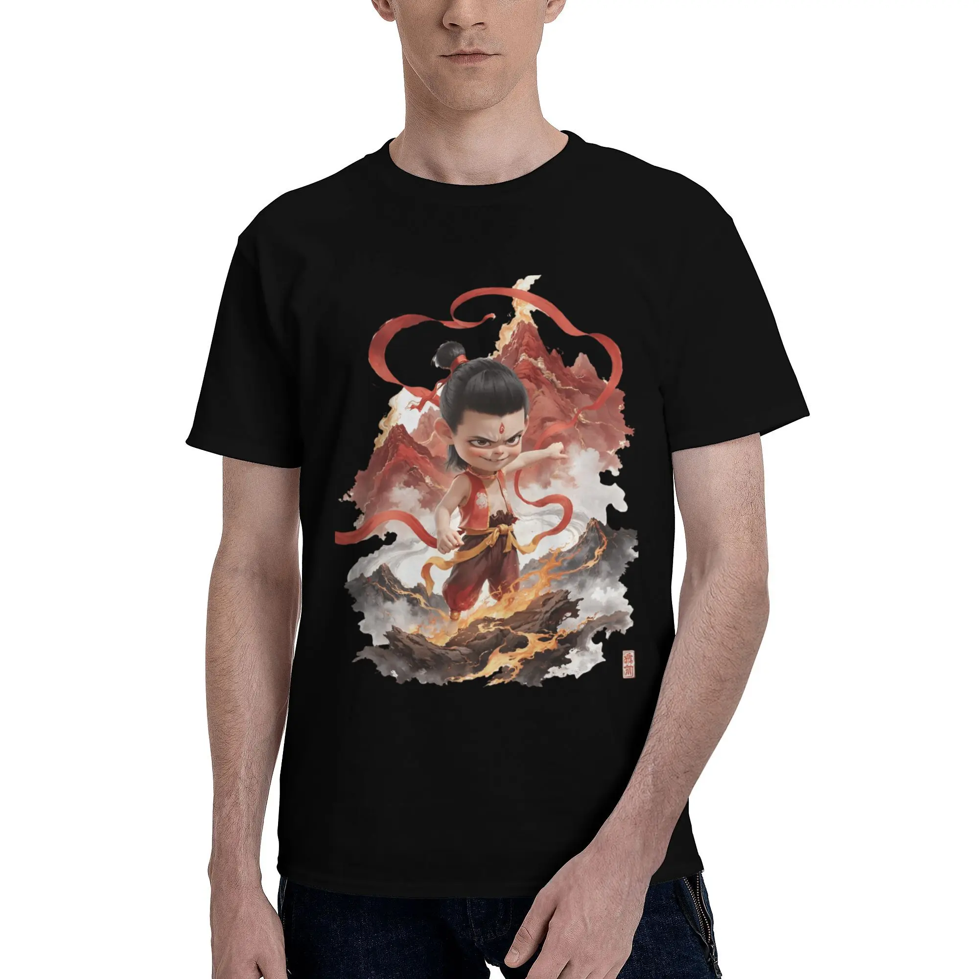 

Мужская футболка Ne Zha с мультяшной анимацией, сумасшедшие футболки, футболка с короткими рукавами и круглым вырезом, одежда из 100% хлопка для взрослых