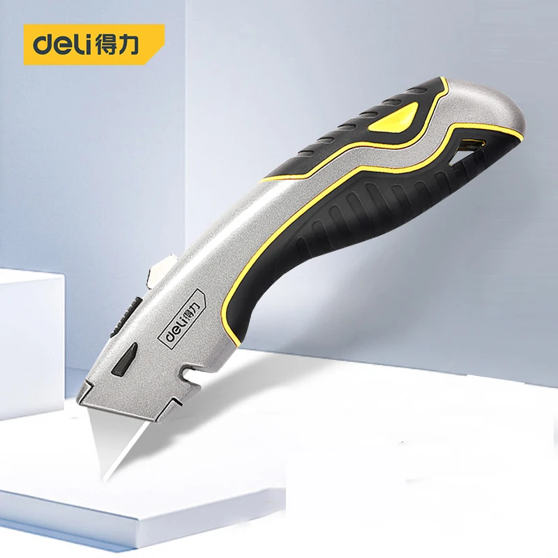 Deli-Cuchillo de utilidad de 3 cuchillas, acero de aleación, duradero, alta dureza, Cuchillo retráctil, corte de cuero, Gadgets De Oficina pesados