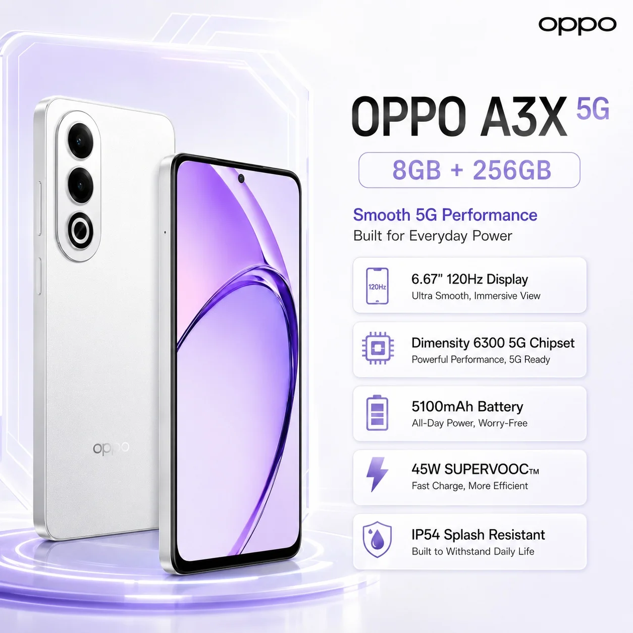 OPPO A3x 5G Smartphone 8GB+256GB, Dimensity 6300, 120Hz Ultra Bright Display, 5100mAh Battery, 45W SUPERVOOC, IP54, Dual SIM