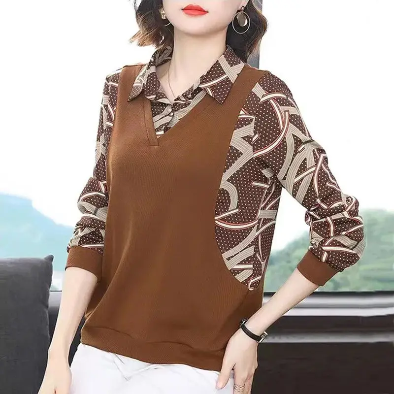 Frühling Herbst gefälschte zweiteilige Bluse Vintage Langarm bedruckte Damen bekleidung pendeln Revers Knopf stilvolle Patchwork-Shirt