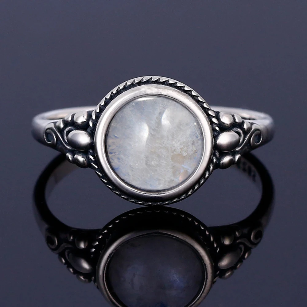 

925 Sterling Silver Ring Natural Round Moonstone Ring for Women Luxury Jewelry Engagement Wedding Anniversary Gifts