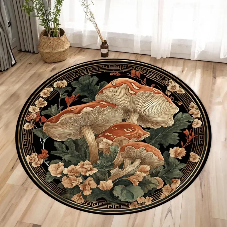 Enchanting Mushroom Round Floor Mat - Big Mushrooms & Lush Foliage on Dark Blue, Soft & Non-Slip, Magical Room Decor