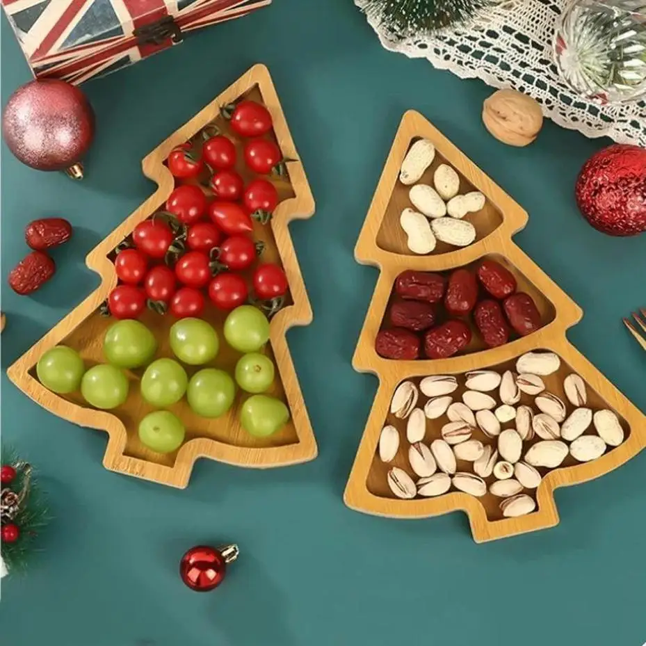 Wooden Christmas Tree Snack Tray Multi Compartment Candy Dried Fruit Serving Plate Desktop Holiday Home Storage Organizer