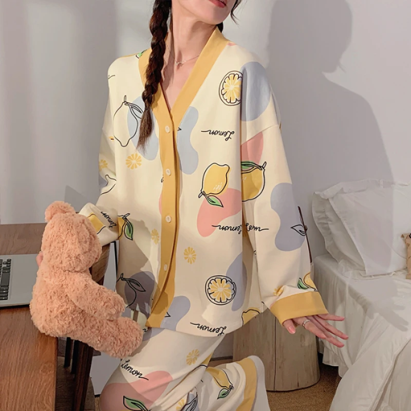 Y2k Women\'s 100% POLYESTER Pajamas with Cartoon Print Korean Fresh Ins Style Harajuku Lounges 2pcs 2024 New Spring/fall Homewear