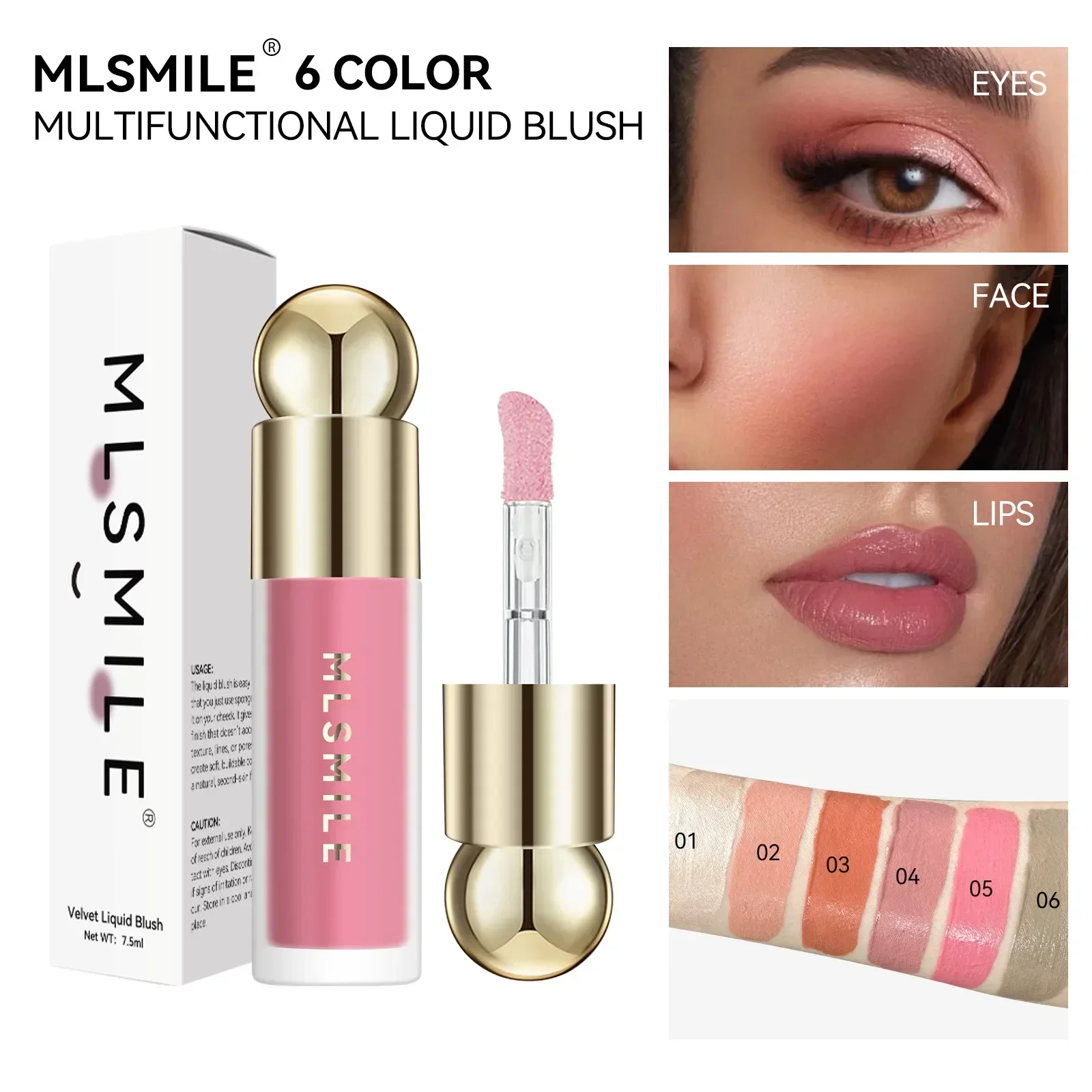 

MLSMILE New 6 Color Liquid Blush Waterproof Moisturizing Lasting Natural Blush Fashion Multi-functional Highlight Contour 7.5ml