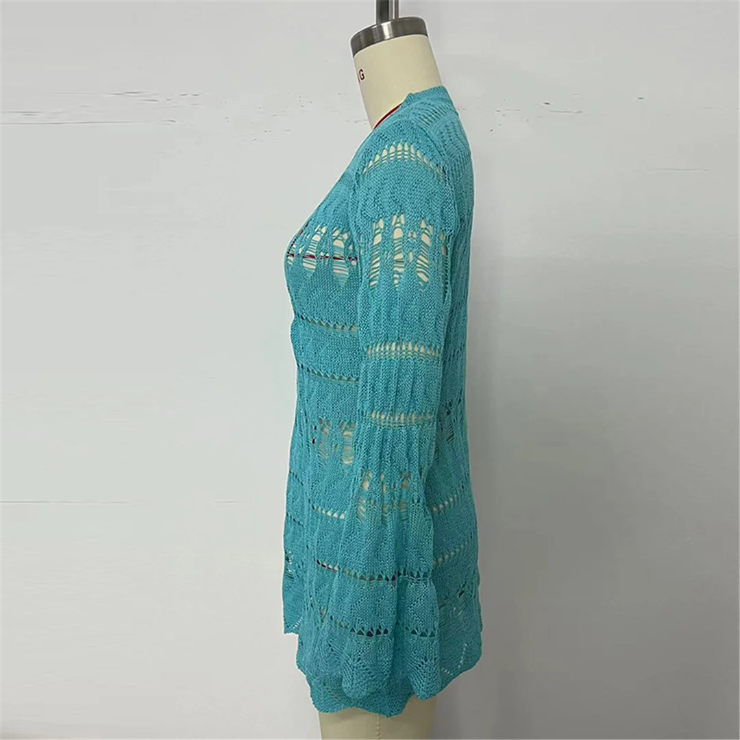 Ausgehöhlte, langärmlige, einfarbige, gehäkelte, gestrickte Tunika, Strand-Überwurf, Strandkleid, Strandmode, Damenbekleidung, K8579 – Detail 16