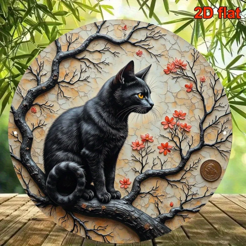 لوحة فنية جدارية معدنية على شكل زهر الكرز العتيق - علامة حديدية مستديرة مقاس 8 بوصات باللون الأسود والأحمر ديكور داخلي وخارجي لمقهى اليوغا والألومنيوم المتين #5