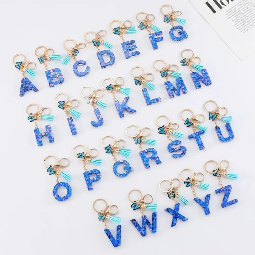 New Personalized 26 Letter Keyring Blue Y2k Cute Love Butterfly Keychain for Bag Acrylic Pendant Key Ring Buckle Chains Gift