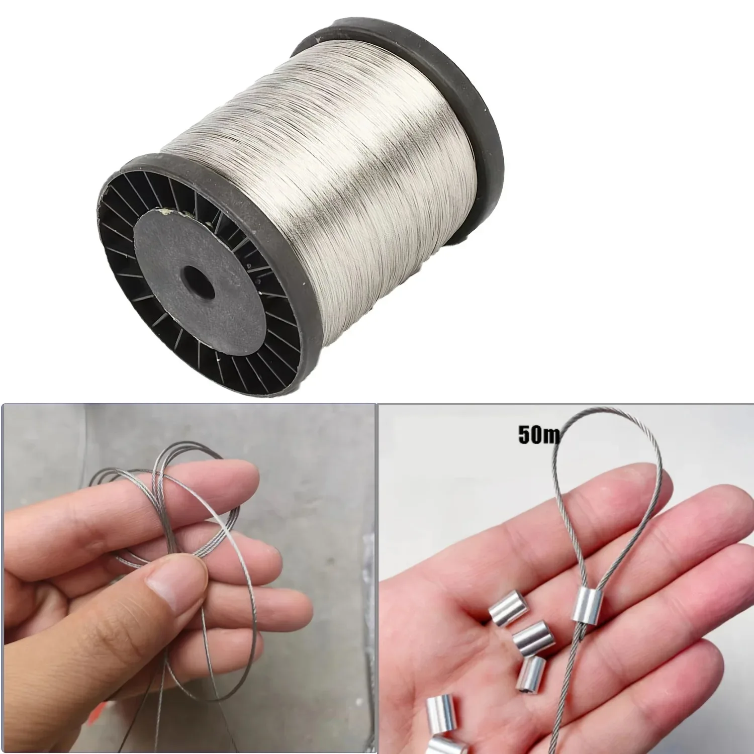 50m/196ft 304 Stainless Steel Wire Rope 7x7 Strand Cable with 50 Aluminum Crimps Rust Resistant Outdoor Clothesline Garden DIY