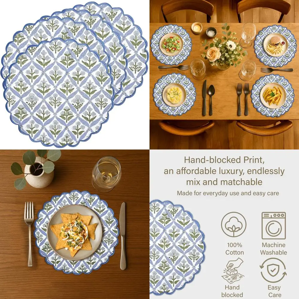 

Round Floral Cotton Washable Placemats, Bohemian Style, Steel Blue Embroidered Block Print, Easter Themed, 15 Diameter