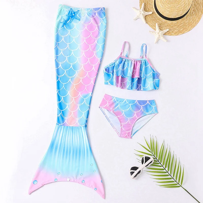 3Pcs Girls Swimsuit Sling Tops+Bikini Shorts+Fish Tail Kids Teen Sweet Princess Swimwear Fashion Fish Scale Print Cool Beachwear