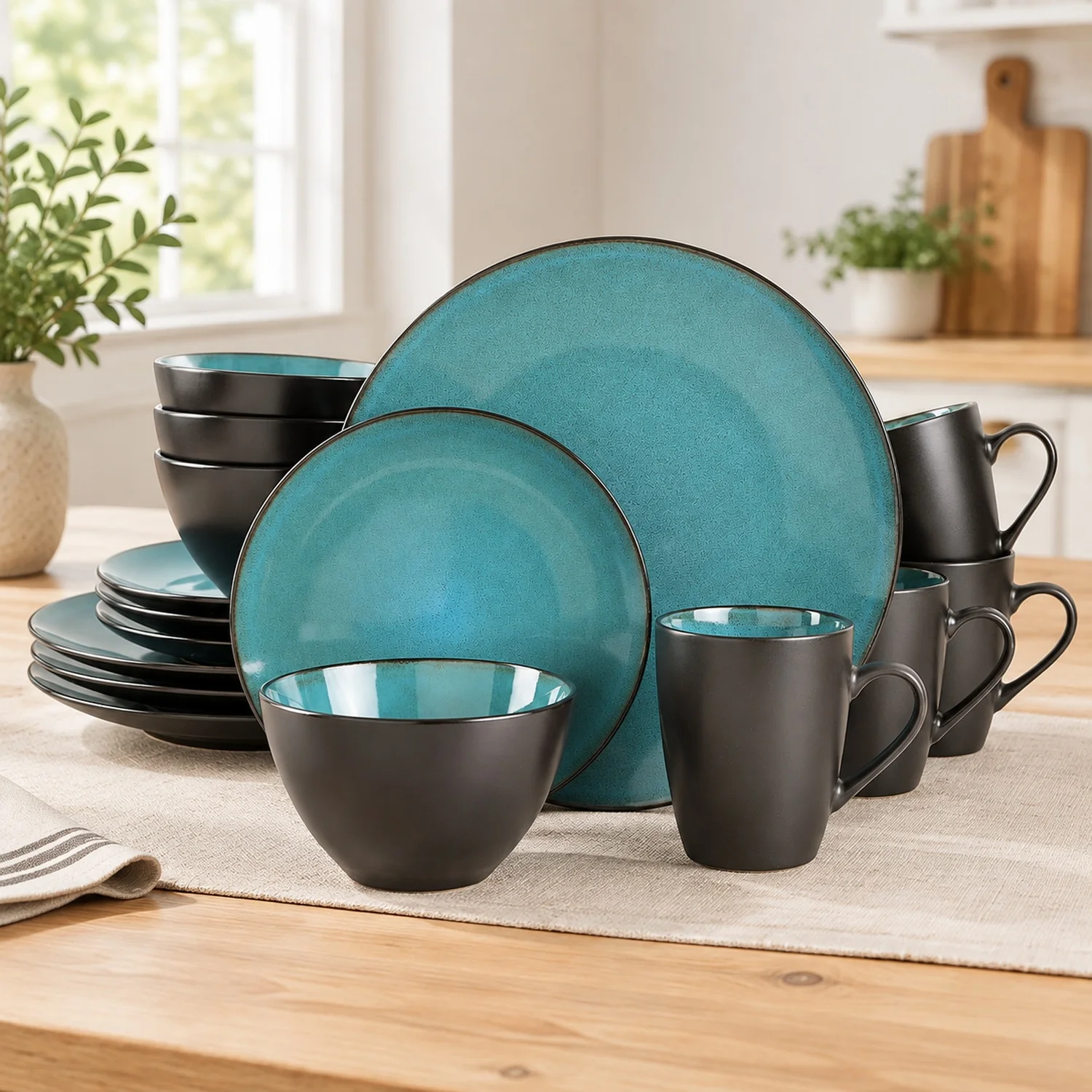 Soho Lounge 16-Piece Round Reactive Glaze Stoneware Dinnerware Set, Service for 4 - Teal Plates and Bowls