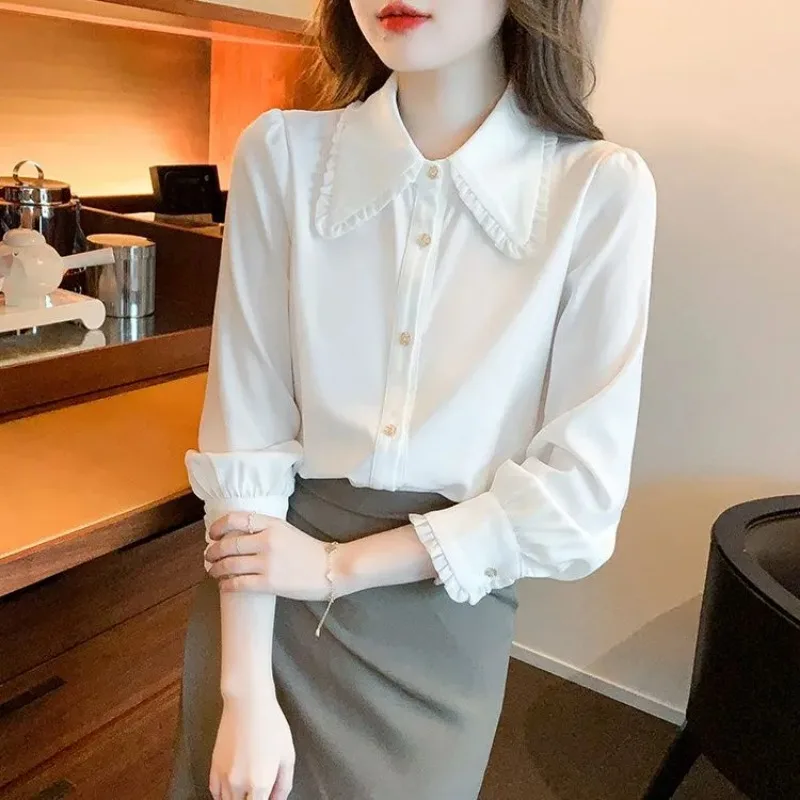 

Женская белая блузка с воротником-стойкой, элегантный шифоновый топ, весенний дизайн, нишевый изысканный стиль, рубашка с длинным рукавом