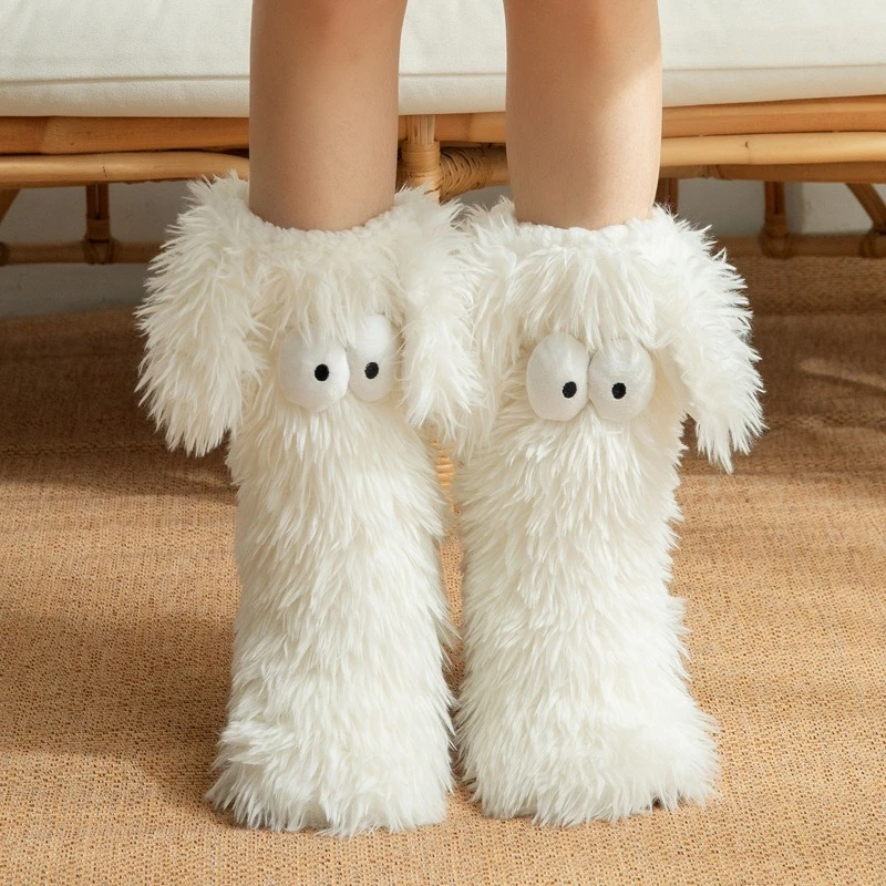 Hot Women's Winter Kawaii Big Eyes Slipper Socks with Puppy Ears Cartoon Non-slip Floor Socks Warm Thickened Coral Stockings