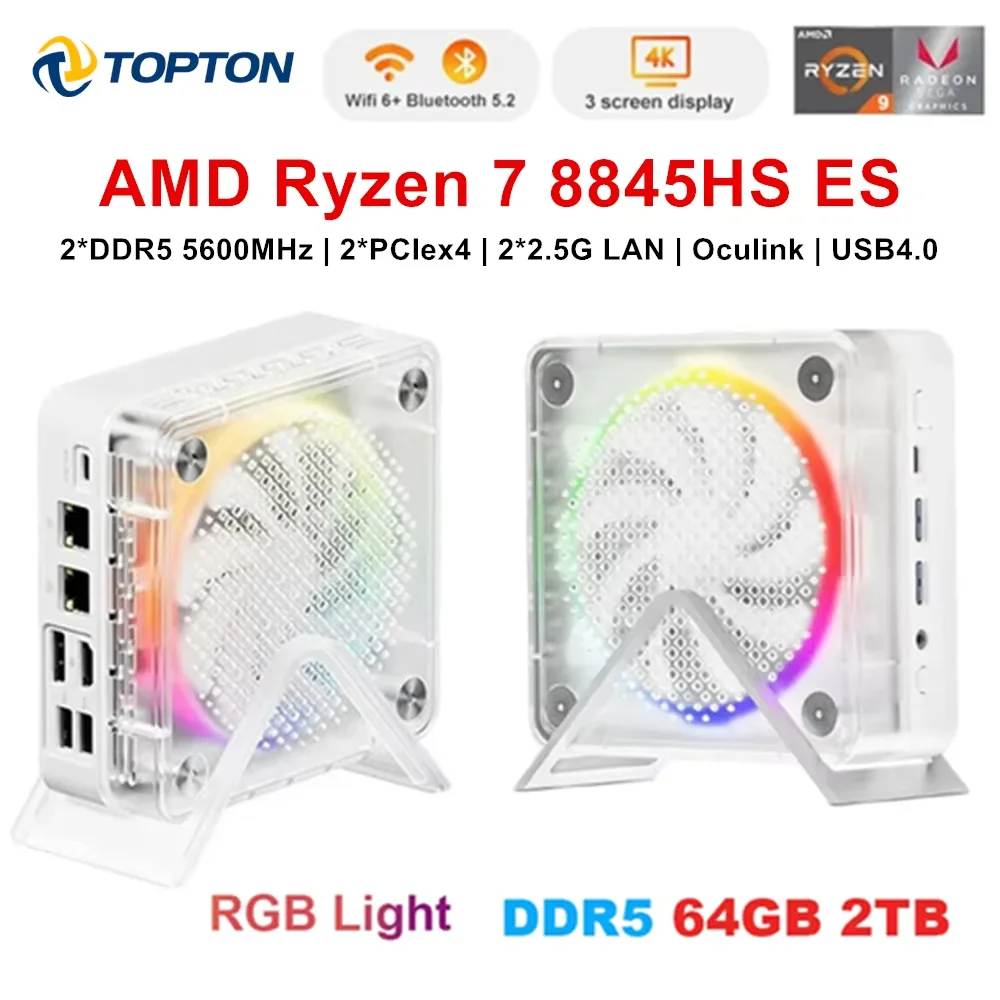 

Topton Mini Gaming PC D7 AMD Ryzen 7 8845HS ES Oculink 2*2.5G LAN 2*PCIe 2*DDR5 USB4 Windows 11 Colorful Desktop Computer WiFi6