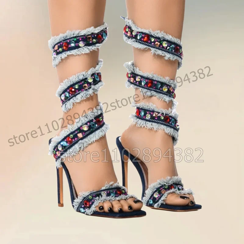 

Blue Denim Ruffles Colorful Crystal Twine Sandals Slip On Women Shoes Thin High Heels Pointed Toe Novel 2025 Zapatos Para Mujere