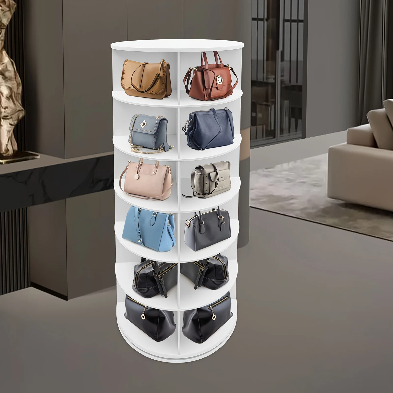 7-Tier Wood Rotating Shoe Rack Holds 32 Pairs of Shoes 360° Spinning Space-Saving Easy To Assemble Shoe Cabinet