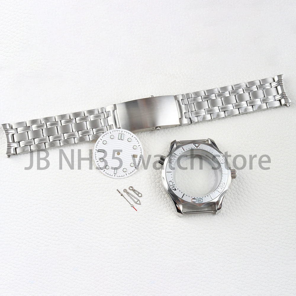 41mm Silver NH35 Watch Case With 31mm Dial and hands Green Luminous Fit Seamaster 300  NH35 NH36 Movement 316L Stainless Steel