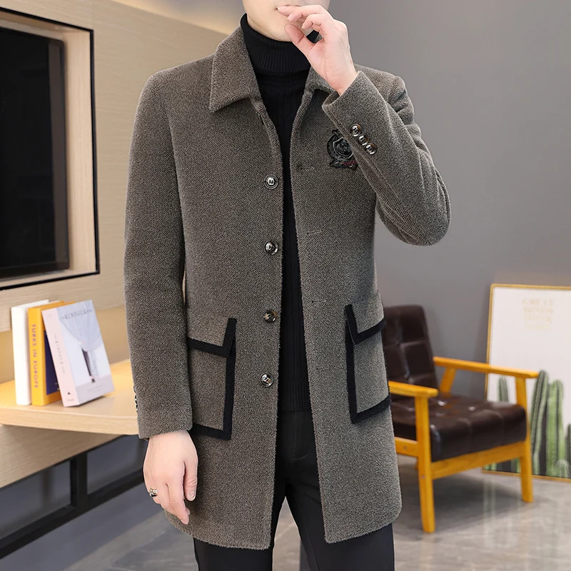 2022 Winter Imitation Mink Velvet Wool Blends Jacket Men Casual Business Long Coat Social Streetwear Slim Overcoat Windbreaker