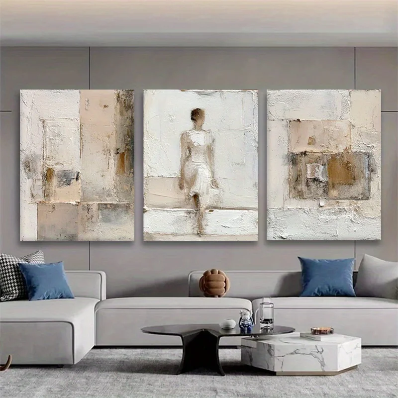 (No frame)A Set of Three Hand-painted Abstract Wall Art Pieces Featuring a Minimalist Female Figure in a White Dress, Designe